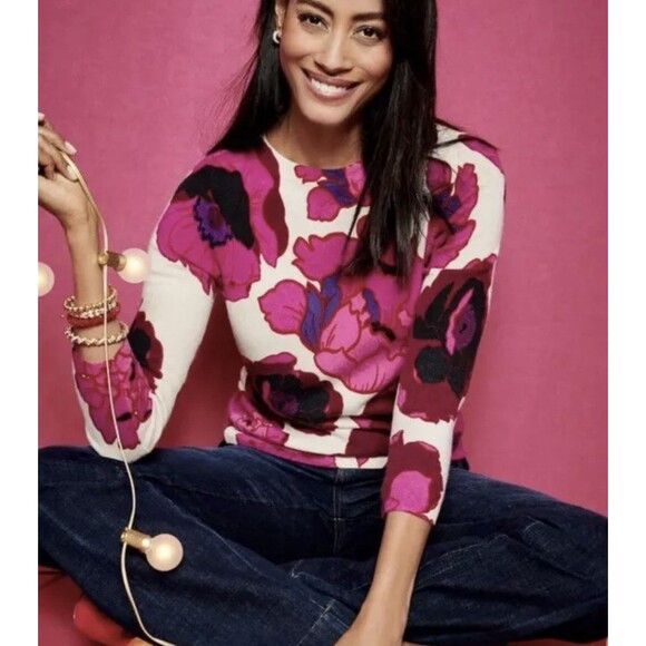 Talbots Pure‎ Cashmere Pink Floral Sweater 3/4 Sleeves Women's Small Petite Sp - Picture 1 of 5